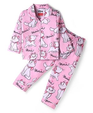 Babyhug Disney Single Jersey Full  Sleeves Front Open Night Suit With Aristocats Print - Pink