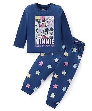 Babyhug Disney Single Jersey Full Sleeves Night Suit With Minnie Mouse Graphics - Navy Blue