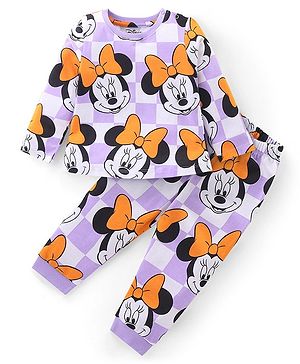 Babyhug Disney Single Jersey Full Sleeves Night Suit With Minnie Mouse Graphics - White & Purple