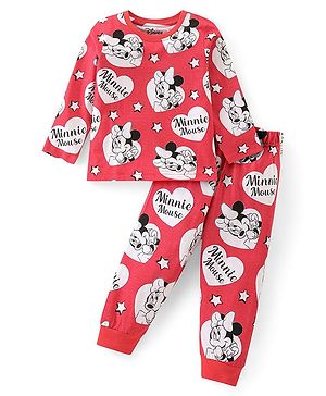 Babyhug Disney Single Jersey Knit Full Sleeves Night Suit with Minnie Mouse Print - Red