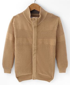 Smarty Boys 100% Cotton Flatknit Full Sleeves High Neck Front Open Sweater with Cable Knit Design - Tan