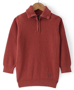 Smarty Boys 100% Cotton Flatknit Full Sleeves Pullover Sweater With Polo Neck & Solid Colour - Maroon