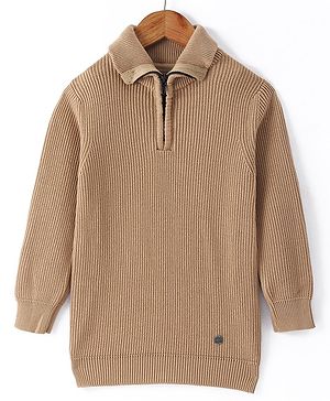 Smarty Boys 100% Cotton Flatknit Full Sleeves Pullover Sweater With Polo Neck & Solid Colour - Beige