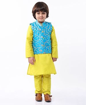Babyhug Woven Full Sleeves Solid Colour Kurta Pyjama Set with Floral Embroidered Nehru Jacket - Lemon Yellow & Blue