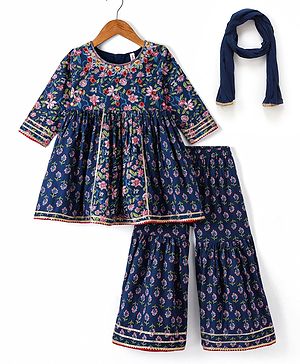 Babyhug  Woven  Three Fourth Sleeves  Floral Printed Kurta & Gharara Set with Dupatta - Blue
