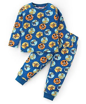 Babyhug Disney Cotton Knit Full Sleeves Night Suit with Mickey Mouse Graphics - Blue