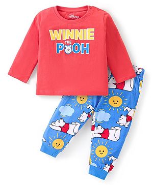 Babyhug Disney Single Jersey Knit Half Sleeves Night Suit With Winnie The Pooh Graphics - Red & Blue