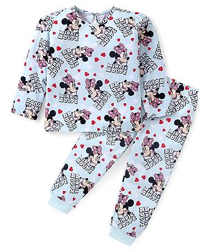 Babyhug Disney Cotton Knit Full Sleeves Night Suit With Minnie Mouse Print - Blue