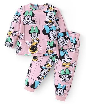 Babyhug Disney Cotton Knit Full Sleeves Night Suit with Minnie Mouse Print - Pink