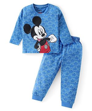 Babyhug Disney Single Jersey Knit Full Sleeves Night Suit With Mickey Mouse Graphics -Blue