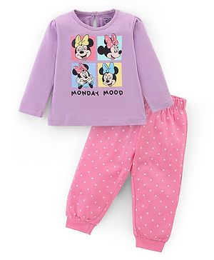 Babyhug Disney Cotton Single Jersey Knit Full Sleeves Night Suit Minnie Mouse Print- Purple & Pink