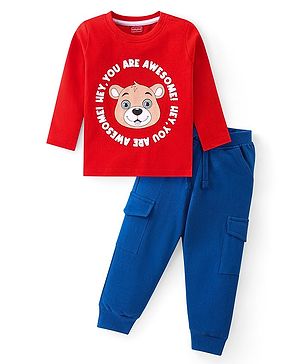 Babyhug Cotton Knit Full Sleeves T-Shirt & Lounge Pants Set With Bear Print - Red & Blue