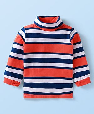Babyhug Cotton Knit Full Sleeves Turtle Neck T-Shirt with Stripes - Red