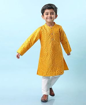 Babyhug Woven Full Sleeves Sequined Embroidered Kurta & Pyjama Set - Mustard