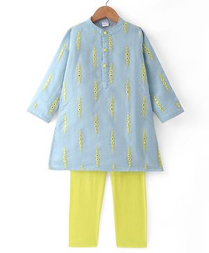 Babyhug Woven Full Sleeves Mirror Embroidered Kurta Pyjama Set  - Blue