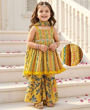 Babyhug Woven Sleeveless Embroidered Kurti With Floral Printed Sharara & Dupatta Set - Mustard
