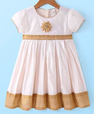 Babyhug Woven Short Sleeves South  Ethnic Dress with Floral Applique - Off White