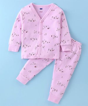 Simply Cotton Knit Full Sleeves Front Open Thermal Vest & Pant Set With Jungle Theme Print - Pink