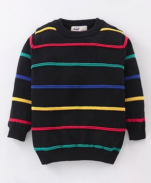 Simply Knitted  Full Sleeves Pullover Striped Sweater - Black