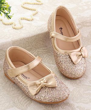 Cute Walk by Babyhug Party Wear Velcro Closure Ballerinas With Bow Appliques - Golden
