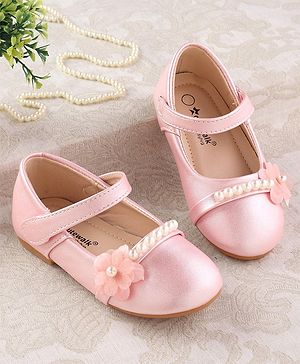 Cute Walk by Babyhug Velcro Closure with Pearls & Floral Applique Ballerinas - Pink