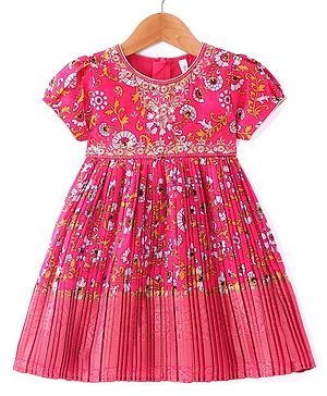 Babyhug Woven Short Sleeves Floral Printed & Embroidered Pleated Ethnic Dress - Dark Pink