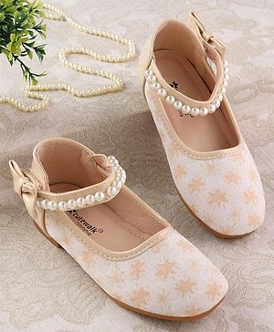 Cute Walk by Babyhug Ballerinas with Velcro Closure Floral Print & Pearl Detailing - Golden