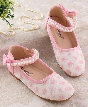 Cute Walk by Babyhug Ballerinas with Velcro Closure Floral Print & Pearl Detailing - Pink