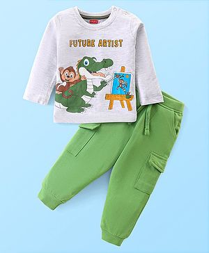 Babyhug Single Jersey Knit Full Sleeves T-Shirt & Lounge Pants Set With Animal Print - White & Green