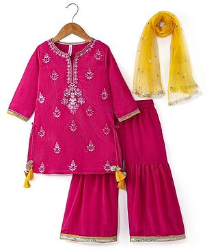 Babyhug Woven Three Fourth Sleeves  Floral Embroidered Kurti Gharara and Sequinned Dupatta- Pink