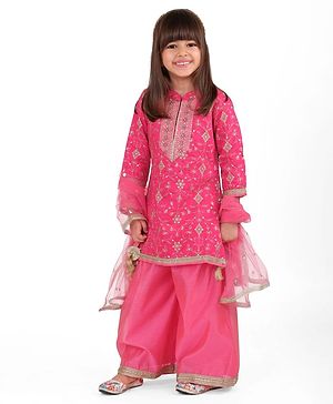 Babyhug Woven Three Fourth Sleeves Sequin Embroidered Bandh Gala Kurti Palazzo & Dupatta Set with Tassle Detailing - Fuschia
