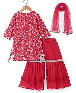 Babyhug Woven Three Fourth Sleeves Embroidered Kurti Gharara & Dupatta Set with Tassle Detailing - Red