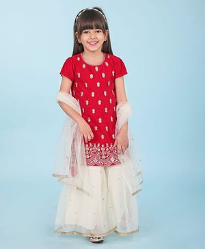 Babyhug Woven Short Sleeves Chanderi Embroidered Kurti With Sequenced Net Embroidered Sharara & Dupatta Set  With Tassle Detailing - Red