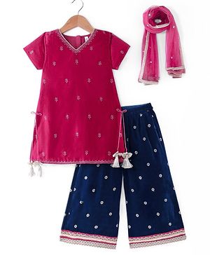 Babyhug Woven  Short Sleeves Velvet Sequinned Embroidered Kurti Palazzo & Dupatta Set with Tassle Detailing - Hot Pink
