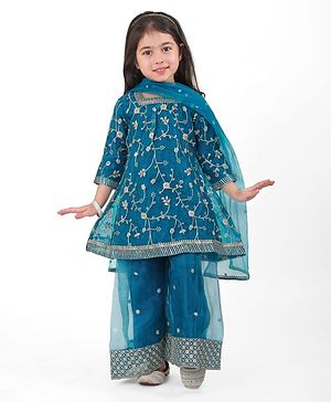 Babyhug Woven 3/4th Sleeves Sequinned Embroidered Kurti Palazzo & Net Dupatta Set - Teal Blue