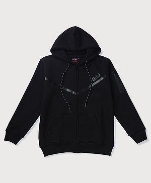 GINI & JONY Cotton Knit Full Sleeves Front Open Hooded Sweatshirt With Brand Name Print - Black & Grey