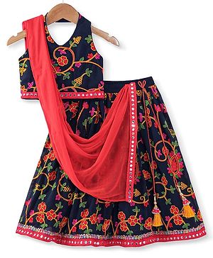 Babyhug Woven Sleeveless Sequinned & Floral Embroidered Choli With Lehenga and Georgette Dupatta - Hot Pink