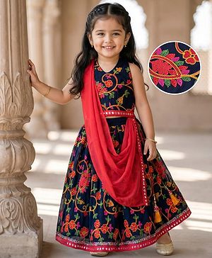Babyhug Woven Sleeveless Sequinned & Floral Embroidered Choli With Lehenga and Georgette Dupatta - Hot Pink