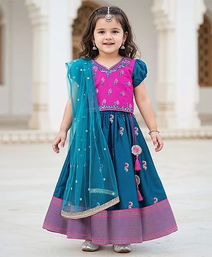 Babyhug Woven Short Sleeves Brocade Pattu Pavada Lehenga Choli & Dupatta Set - Teal