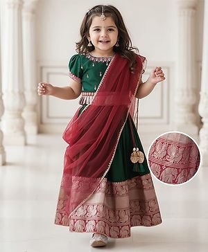 Babyhug Woven Half Sleeves Floral Embroidered & Brocade Pattu Pavadai Lehenga Choli and Dupatta Set - Green