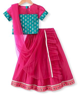 Babyhug Woven Short Puffed Sleeves Brocade Pattu Pavada Lehenga Choli & Dupatta Set- Fuschia