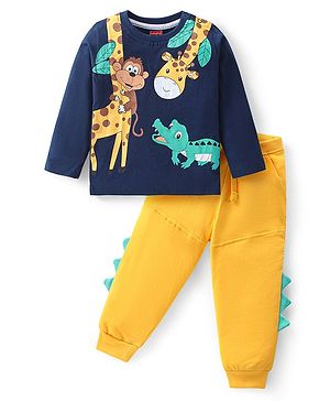 Babyhug Cotton Knit Full Sleeves T-Shirt & Lounge Pants Set With Animals Print - Blue & Yellow