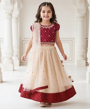 Babyhug Woven Short Sleeves Brocade Pattu Pavada Lehenga Choli & Dupatta Set - Beige & Maroon