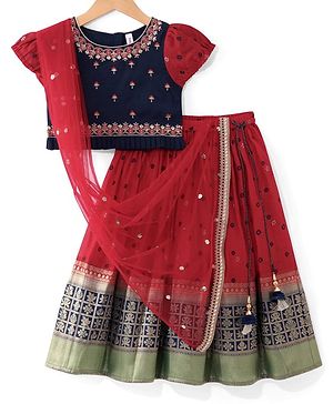 Babyhug Woven Short Sleeves Brocade Pattu Pavada Lehenga Choli & Dupatta Set- Red & Navy