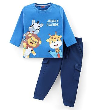 Babyhug Cotton Knit Full Sleeves T-Shirt & Pant Set With Animals Print - Blue