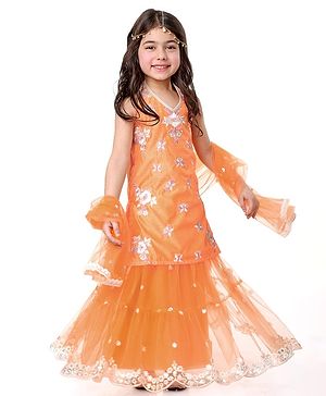 Babyhug Woven Sleeveless Halter Neck Sequinned & Floral Embroidered Choli With Net Lehenga and Dupatta - Orange