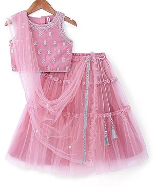 Babyhug Woven Sleeveless Embroidered Choli with Net Lehenga and Sequinned Detailing Dupatta Set - Pink