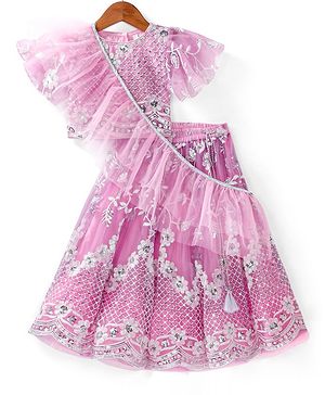 Babyhug Woven Half Sleeve Floral Sequinned & Embroidered Choli With Lehenga and Frill Net Dupatta - Lavender