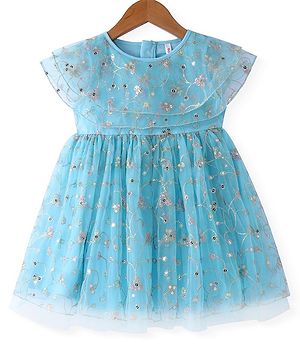 Babyhug Woven Short Sleeves Net Embroidered Dress - Blue