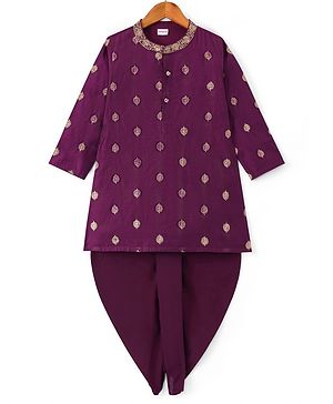 Babyhug Woven Full Sleeves Kurta Dhoti Set with Floral Embroidery - Purple